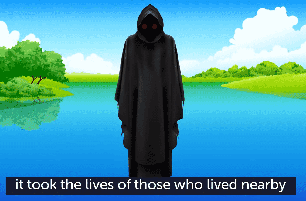 Deadly lake, death looming, cartoon