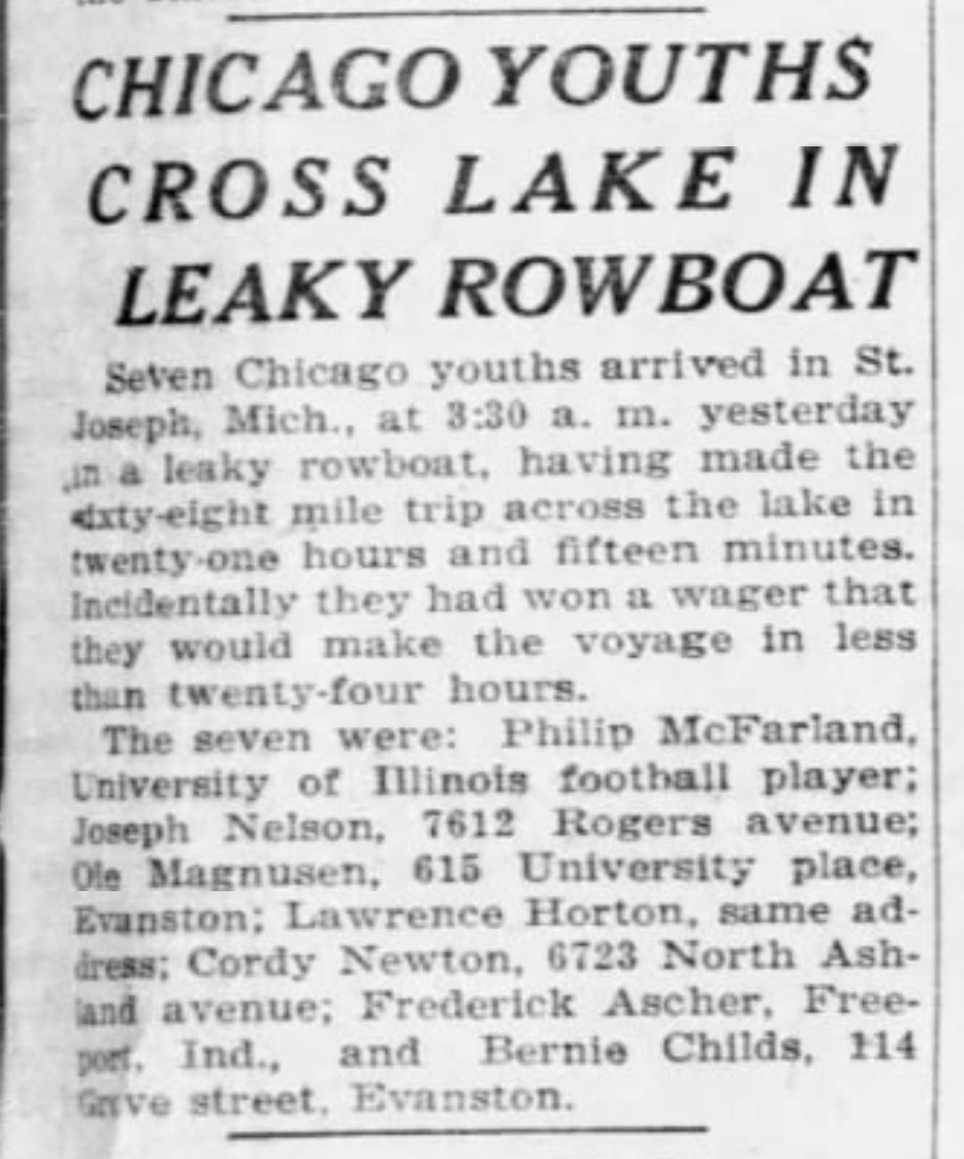 Cross Lake Michigan in leaky boat, news clip